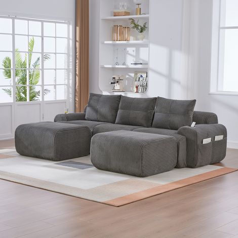 Divano angolare componibile in velluto a coste, 2 poggiapiedi, portabicchieri e tasca laterale, combinazione libera - 3 posti, 268×174×80 cm, grigio scuro