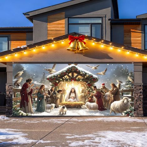 Bandeau Arrière De Noël - Fond Photo Père Noël - Décoration De Fête Pour Porte De Garage - 213 X 488 Cm (1/4)
