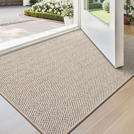 Tapis de Porte Intérieur Ultra Fin pour Entrée 60 x 90 cm, Tapis d’Entrée Antidérapant à Profil Bas, Paillasson au Design à Chevrons pour Intérieur, Terrasse et Porche, Beige (1/5)