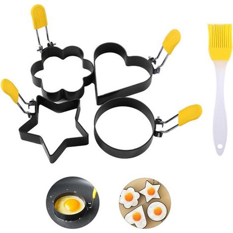 Moldes para huevos, Mango plegable, muffins ingleses, bagels, galletas, 4 formas (1 círculo, 1 estrella, 1 flor, 1 corazón), Juego de 5 piezas (1/5)