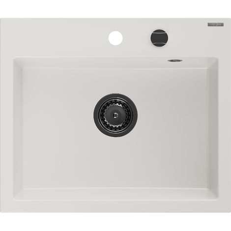Mexen Oscar lavello in granito 1 vasca 580 x 490 mm, bianco, sifone nero - 6519581000-20-B (1/5)