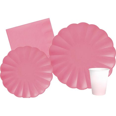 Kit Vaisselle de Fête Unicolor Flower Shape pour 8 personnes 44 pcs: 8 assiettes Ø23cm, 8 assiettes Ø18cm, 8 gobelets 250ml, 20 serviettes 33x33cm en papier compostable eco-friendly, rose vieux (1/3)