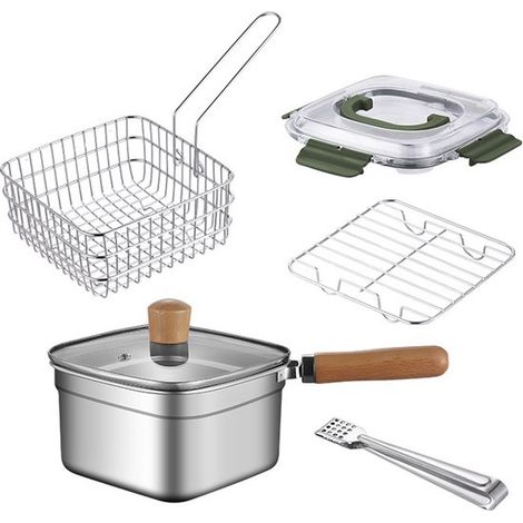 Friggitrice in acciaio inox. Padella compatta e quadrata multifunzionale con cestello, coperchio, pinze e inserto per la cottura a vapore. Tutto in uno: friggere, cuocere a vapore, cucinare. (1/5)
