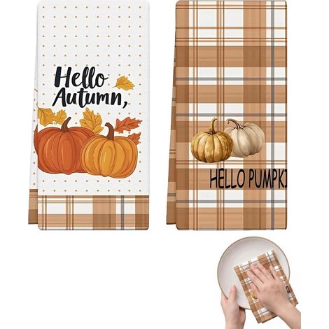 Lot de 2 Torchons d'Automne avec Feuilles d'Érable et Citrouilles pour Cuisine, torchon automne (40x60 cm) (Orange) (1/5)