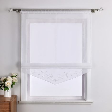 Store Romain Transparent avec Broderie de Fleurs et Plis, décoration intérieure pour fenêtres, Cuisine, Salon Blanc LxH 80x140cm (1/5)