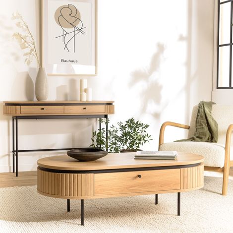 ETHAN - Table basse arrondie couleur naturelle 2 tiroirs (1/5)