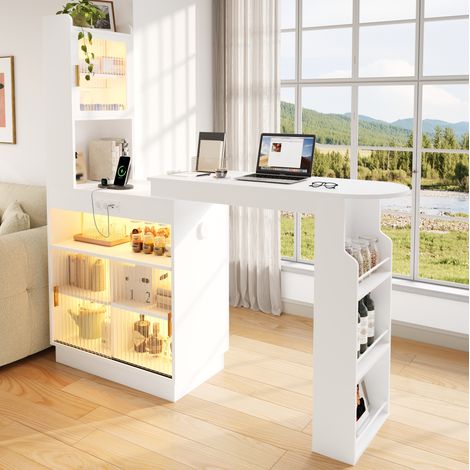 MODFU – Mesa de bar extensible 131-170 cm de MDF con tablero deslizante, LED Bluetooth, USB/USB-C y compartimentos – Blanco (1/5)