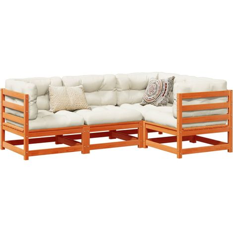 Salon de jardin 4 pcs avec coussins-Lot de 4 Mobilier de jardin-Meuble de jardin cire marron bois pin massif 605615 (1/5)