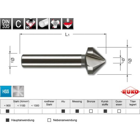 Fraises à chanfreiner 3 dents DIN 335 forme C 90° HSS (1/2)