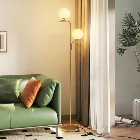 Lampadaire sur pied salon double tête, lampe au sol avec 3 températures lumineuses, abat-jour en verre, couleur dorée (1/5)