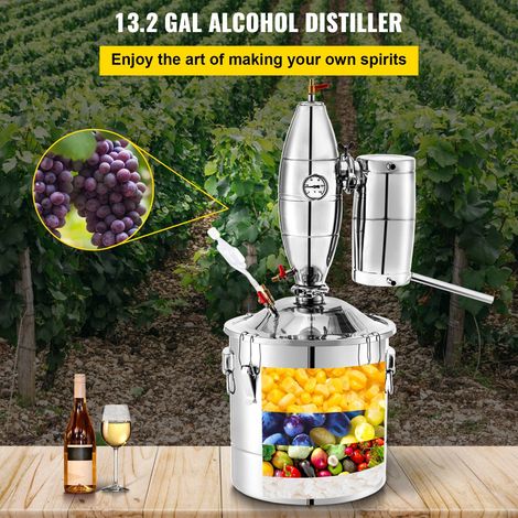 Distillateur d'Eau 50L Alambic Équipement de Distillation Acier Inox Kit Fermenteur 12,5kg Riz Cylindre Gradué 100ml Thermomètre Grand Réservoir pour Fermentation Boissons Sauce de Soja 40x40cm (1/5)