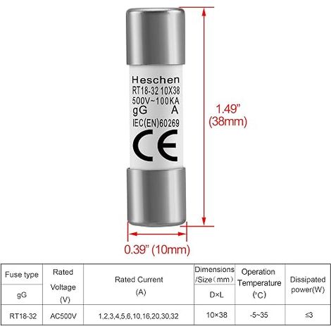 RT18-32 Ceramic Cylindrical Fuse 10 x 38 mm 16A 500V (1/4)