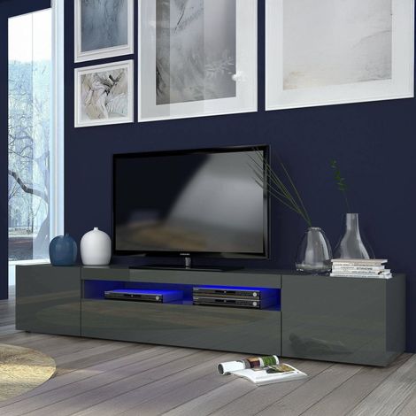 Dmora - Mobile porta TV Dafrim, Credenza bassa da soggiorno a 3 ante, Base porta televisione, 100% Made in Italy, cm 200x40h37, Antracite lucido, con luce LED (1/5)