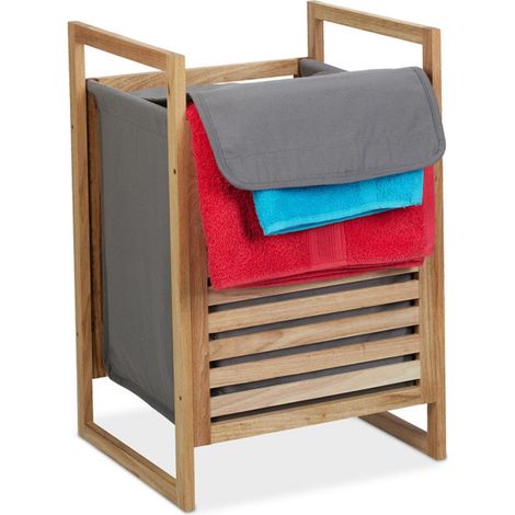 Relaxdays Meuble à linge, cadre en bois de noyer, couvercle, 50 l, pour la salle de bain, HLP 60x40x35 cm, nature/gris