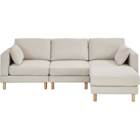 Sofá esquinero de 3 plazas con hocker 235 x 152 x 78 cm beige de poliéster con patas de madera (1/5)
