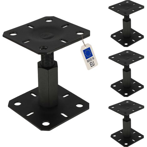 4 embases pied de poteau réglables - Platines 130x130mm - M20 - Acier galvanisé Noir - Ht100 à 150 mm - Fabrication Européenne