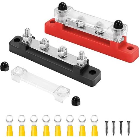 Busbar DC 12V-48V Terminal Block, Power Distribution Block with 4 M6 Terminal Bolts, with 8 Wiring Connection Terminals, for Car Truck Boat Red Black (1/2)