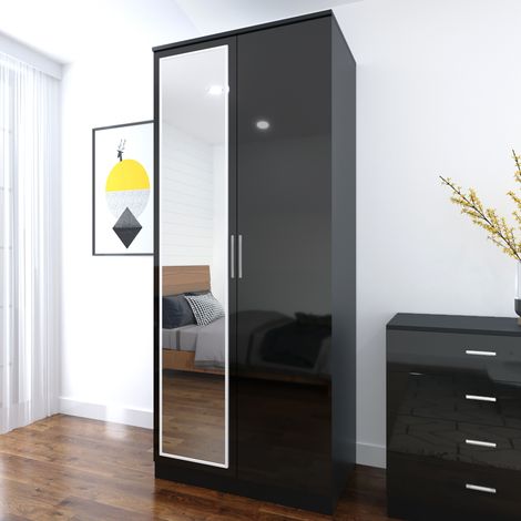 ELEGANT 2 Doors Wardrobe with Mirror and Metal Handles High Gloss Soft Close Modern Bedroom Furniture 1800x470x760mm, Black