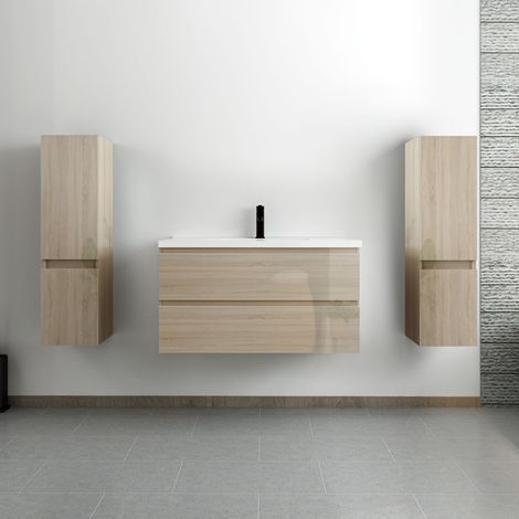 Acezanble ensemble meuble salle de bain 100 cm Chêne Wotan brillant avec 2 tiroirs à fermeture automatique, lavabo céramique simple + 2 colonnes, suspendu