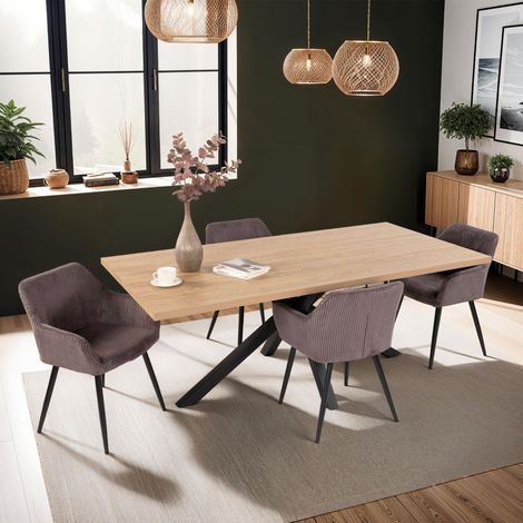 Ensemble repas table 2m naturel + 4 fauteuils en velours gris - VELVET