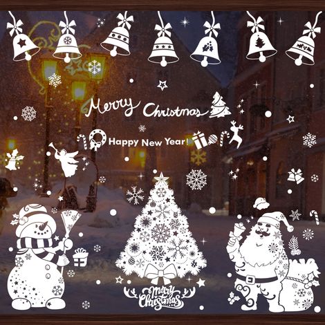 Autocollants de Noël, stickers pour fenêtres, sapin blanc avec le Père Noël, cloches, traîneau, bonhomme de neige, renne, flocons de neige, autocollants électrostatiques