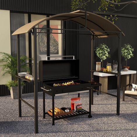 Pavillon barbecue 1,1x2,3m résistant intempéries toit polyester étagères latérales grils 100 cm acier kaki