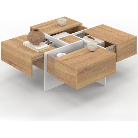 Quadratischer Couchtisch TALIA 70 cm mit Schubladen aus Holz und Weiß