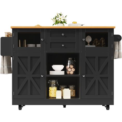 CAIziÎlot de cuisine, desserte de salle à manger avec plan de travail, buffet, desserte aspect bois, porte-serviettes latéral, portes d’armoire tridimensionnelles à roulettes, cloisons réglables, noir (1/5)