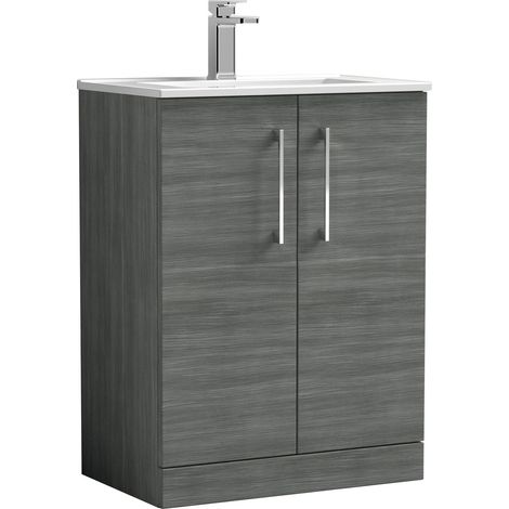 Balterley  Contemporary Bathroom 2 Soft Close Door & Minimalist Floor Standing Vanity Unit Basin, Anthracite Woodgrain, 600mm