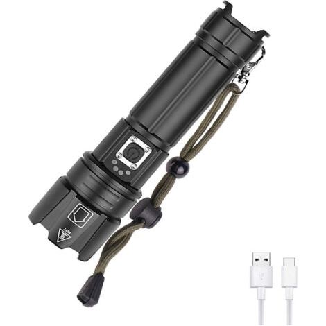 Lampe Torche LED Puissante 6000 Lumens, XHP70 Lampe Torche Rechargeable Lampe de Poche avec Indicateur de Puissance Zoomable 5 Modes pour le Camping Pêche Randonnée(Batterie Incluse) (1/5)