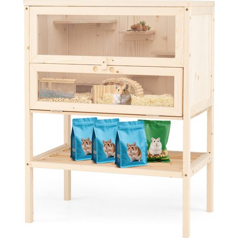 COSTWAY 80CM Freestanding Hamster Cage Wooden Hamster Habitat Playpen-Natural (1/5)