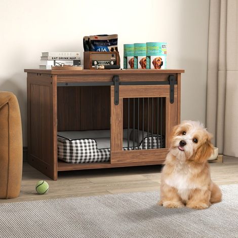 Niche pour chien en bois marron avec grand plateau, porte coulissante et tubes métalliques anti-morsure, pour salon et chambre (1/4)