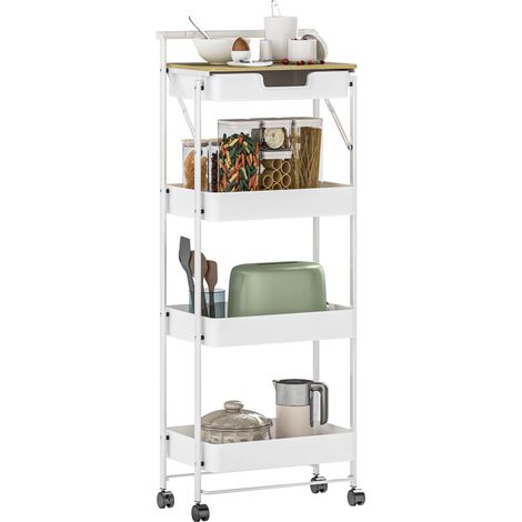 Chariot utilitaire à roulettes à 4 niveaux avec tiroir, plateau et paniers métalliques pour chambre, salle de bain, cuisine, blanc