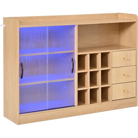 Credenza vintage multifunzione 120 cm con portabottiglie, ante scorrevoli in vetro e LED (1/5)