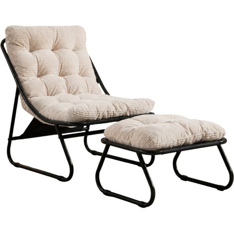 Silla lounge de exterior con reposapiés de acero negro y cojín blanco (1/5)