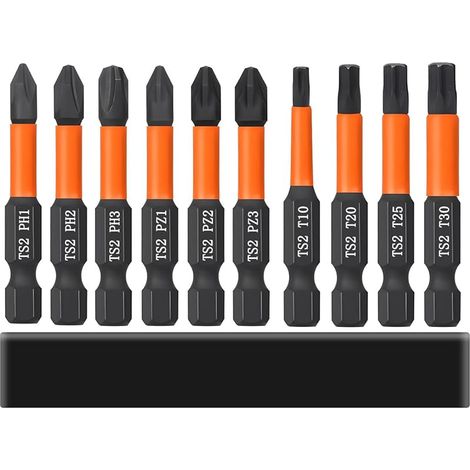 10 Pièces 50mm Embout Visseuse a Choc, Embouts de Tournevis Torx Phillips PoziDriv pour Tournevis et Visseuse Électrique, Hex Tige Embouts de Vissage Magnétique (1/5)