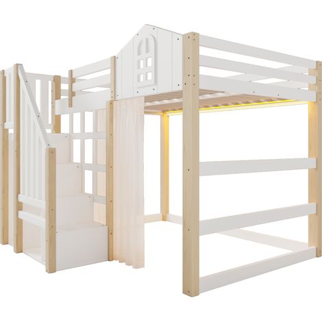 Cama alta infantil 140x200 cm con LED, escalera de almacenaje, blanco y natural (1/5)