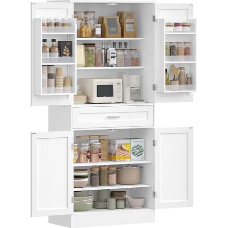 Meuble Cuisine, Buffe Haute avec Porte-étagère 6 Niveaux, Meuble de Rangement avec 4 Portes et 1 Grand Tiroir, Style Moderne, Cuisine, Salon, 40 x 80 x 180 cm, Blanc (1/5)