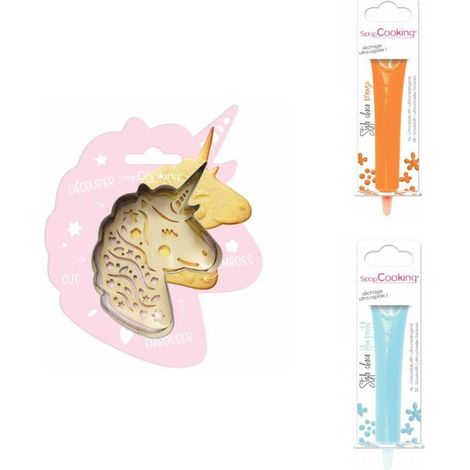 Kit pour biscuit en relief Licorne + 2 Stylos au chocolat orange et bleu pastel
