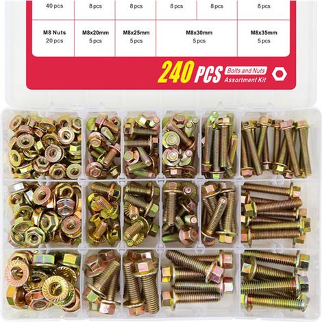 Paquete de 240 tornillos y tuercas de brida galvanizados M5 M6 M8 8.8 y tuercas hexagonales (1/5)