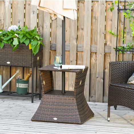 Tavolo da giardino in polyrattan marrone quadrato con supporto per ombrellone, struttura in metallo verniciato (1/5)