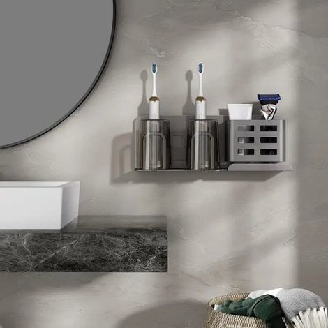 Soporte de pared para cepillos de dientes eléctricos，Capacidad para 4 cepillos de dientes，vasos y pasta de dientes，2 compartimentos (1/4)