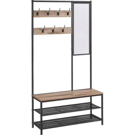 Porte-vêtements avec Crochets Miroir Banc 35 x 98 x 180 cm pour Entrée Chambre Salon Style Industriel Camel Marron Encre Noir HSR415K01 (1/5)