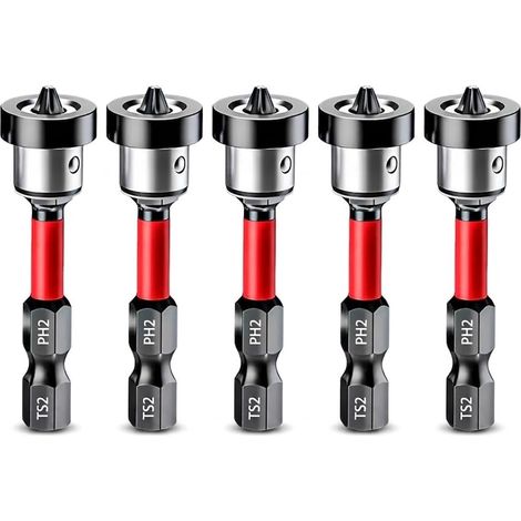 Lot de 5 Embouts PH2 Magnétiques 1/4" pour Placo,Porte-Embout Magnétique avec Embouts PH2,Embouts de Tournevis Magnétiques avec Butée de Profondeur pour Plâtre et Cloisons Sèches - 50mm (1/5)