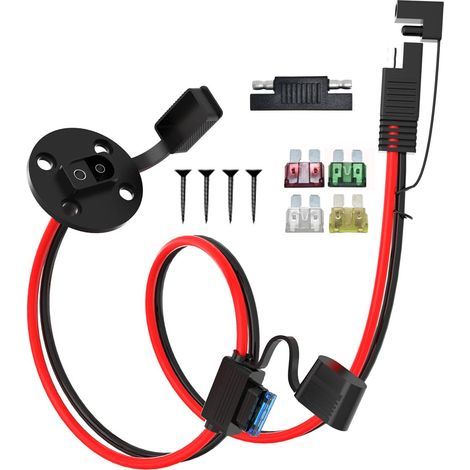 Prise SAE vers câble SAE 10 AWG 0,6 m pour panneaux solaires pliables Rallonge SAE en cuivre étamé 5,26 mm² avec fusibles pour moto et tondeuse à gazon
