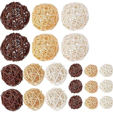 Lot de 21 boules de rotin de 3 couleurs assorties, de tailles variées (3 cm, 5 cm et 7 cm), pour décorer vases, mariages, fêtes et Noël. (1/5)