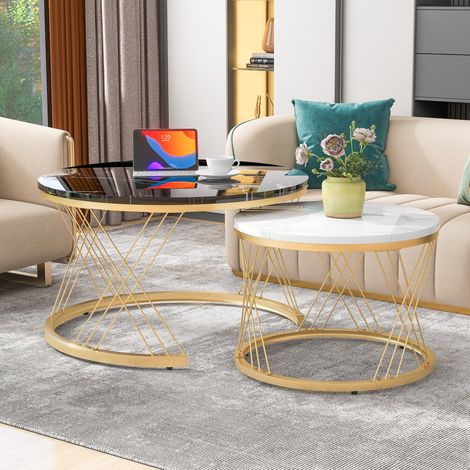 WF300416BAA) Moderne Nesting Couchtisch, Couchtisch Satz Marmor Furnier Sofa Seite Nest von Tischen Runde Endtische, Satz von 2, Goldene Farbe Frame (1/5)