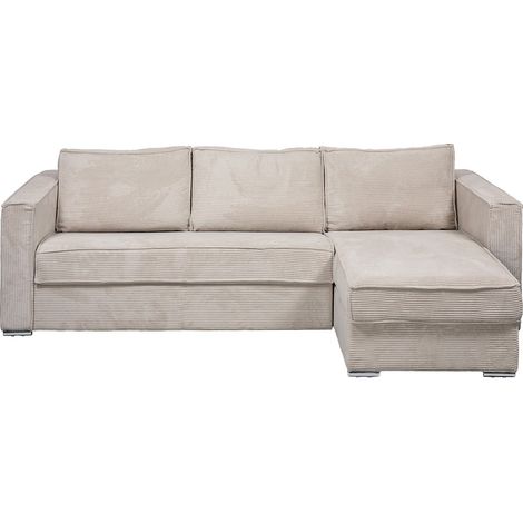 Vente-Unique – Canapé d'angle convertible réversible en velours côtelé beige – 5 places – Couchage quotidien 140x190 cm – Matelas 14 cm haute résilience