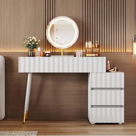 Schminktisch 100x40x127 cm Weiß aus MDF und Spanplatte mit LED-Spiegel und 5 Schubladen (1/5)