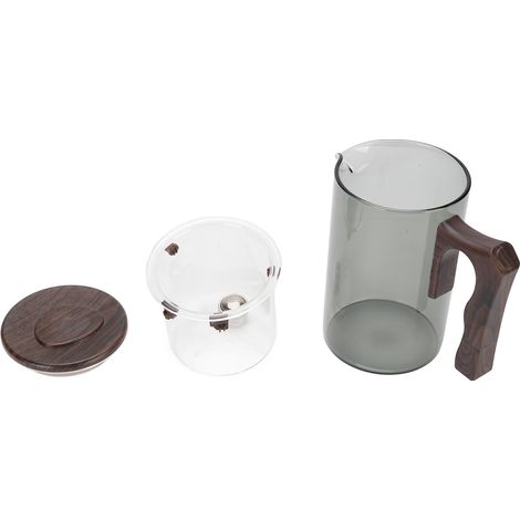 Teiera in vetro con filtro, manico in legno, separatore acqua/tè, per tè sfuso, resistente al calore, per casa e ufficio, colore grigio, 550 ml. (1/5)